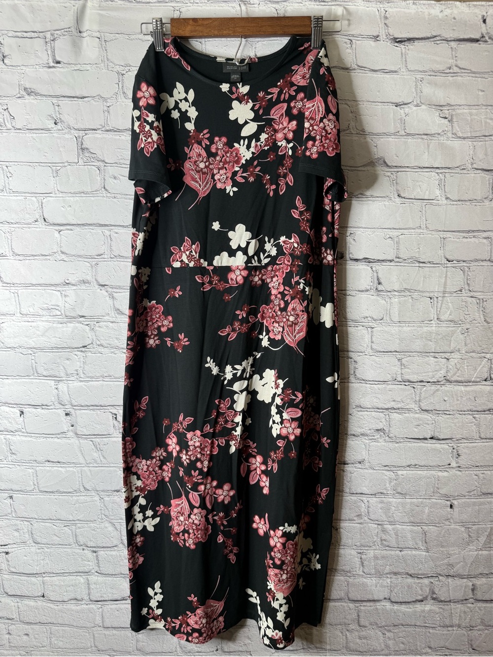 J Jill whatever Black Floral Midi Dress with Pink & Cream Blooms XS